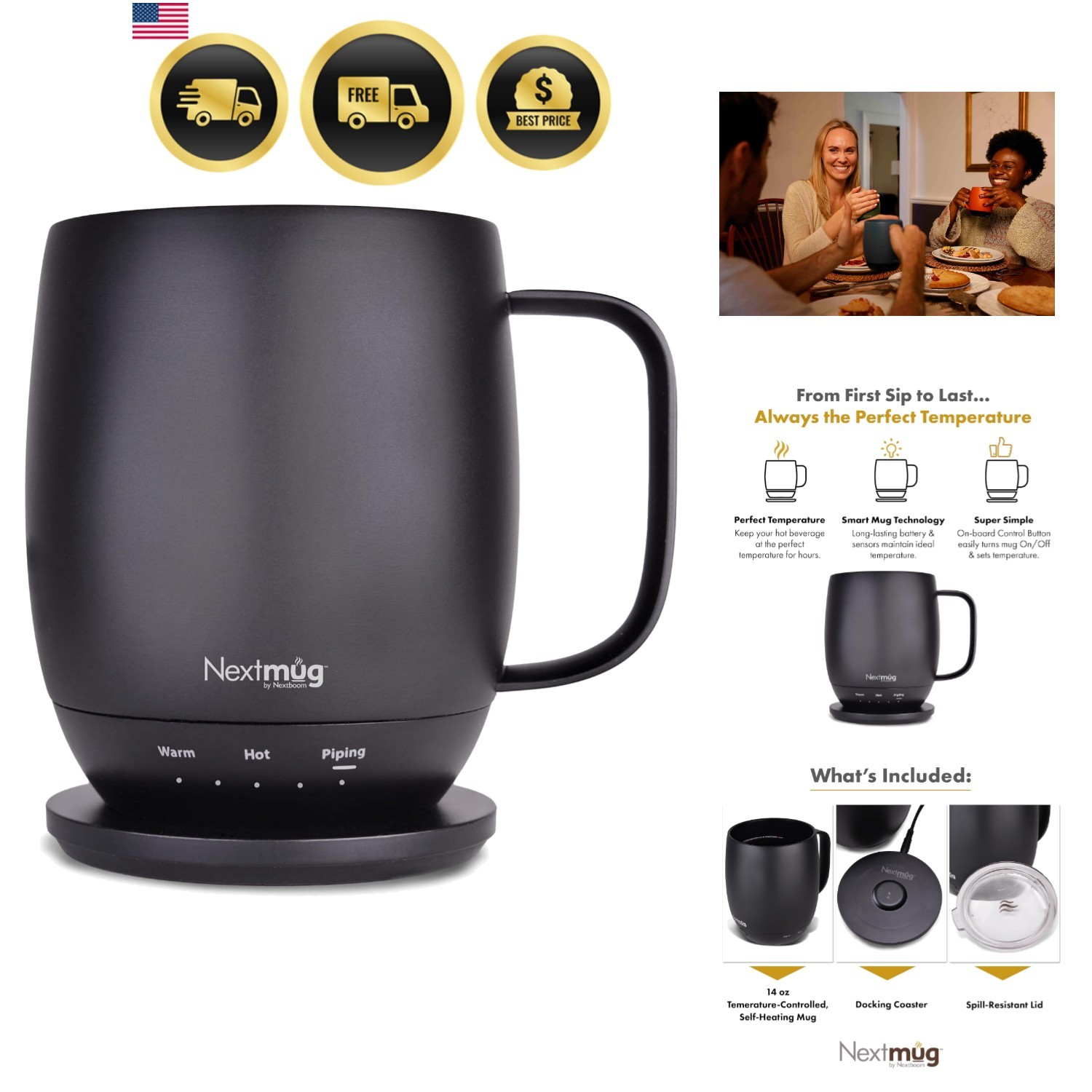 Temperature-Controlled, Self-Heating Coffee Mug Black