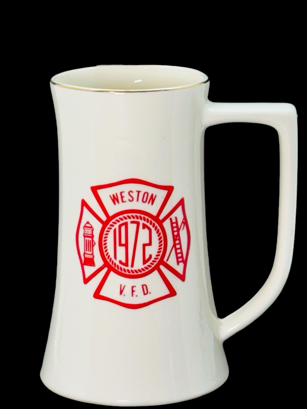 1972 Weston VFD Gold Trim Ceramic Tall Coffee Mug Cup Maltese Cross Firefighter