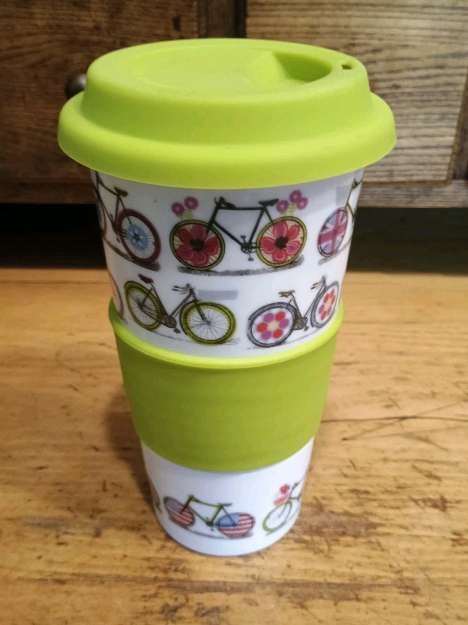 World Market Bicycle Ceramic Travel Mug with Grip and Lid – White / Green