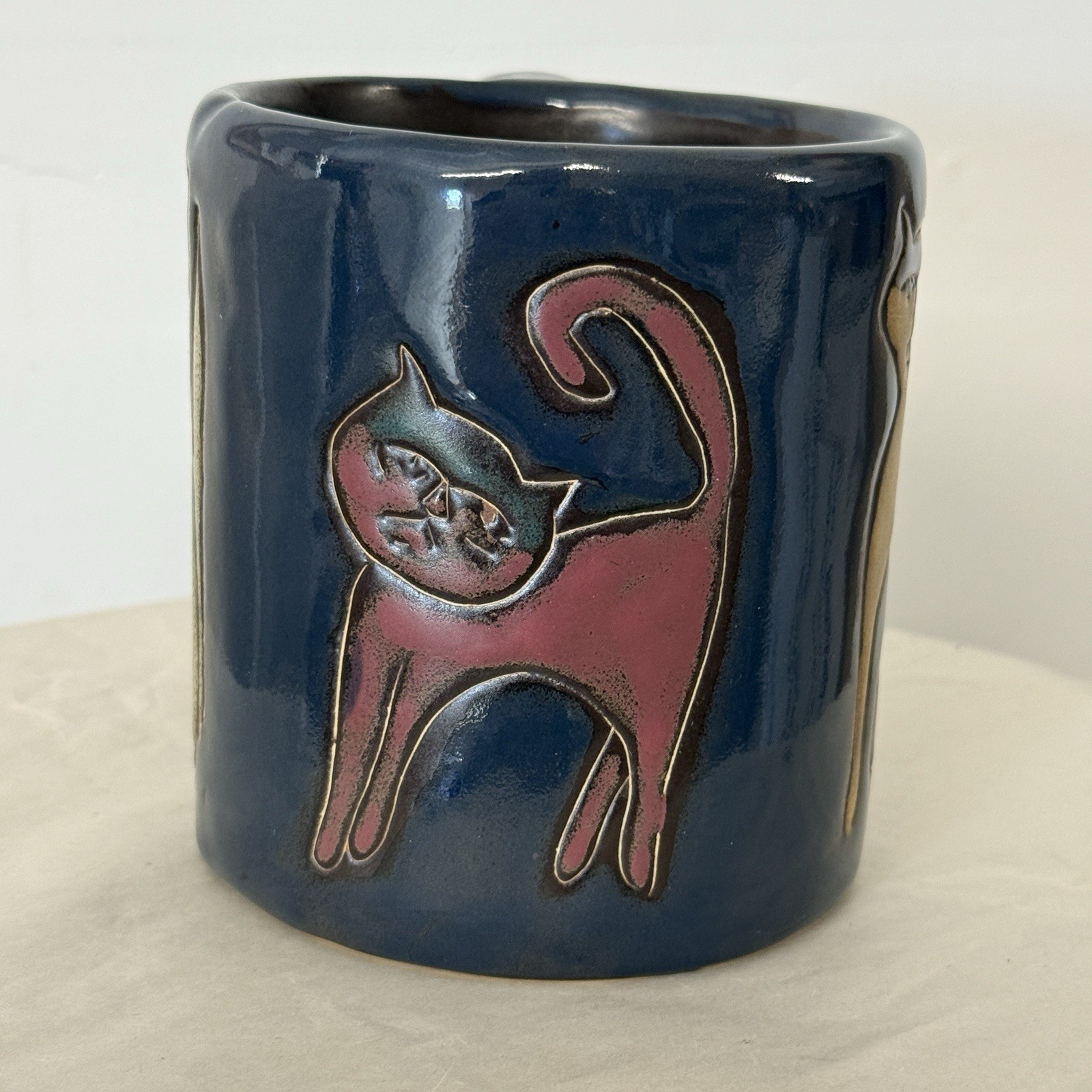 Studio Art Pottery by Mara Cat Mug Stoneware 16 Oz Blue Cats Mexico