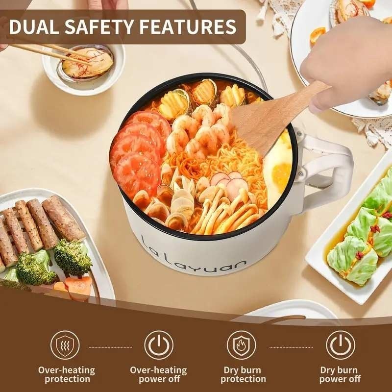 La Layuan White 1.6L Electric Cooker with Steamer Non-Stick, Dual Power Contro