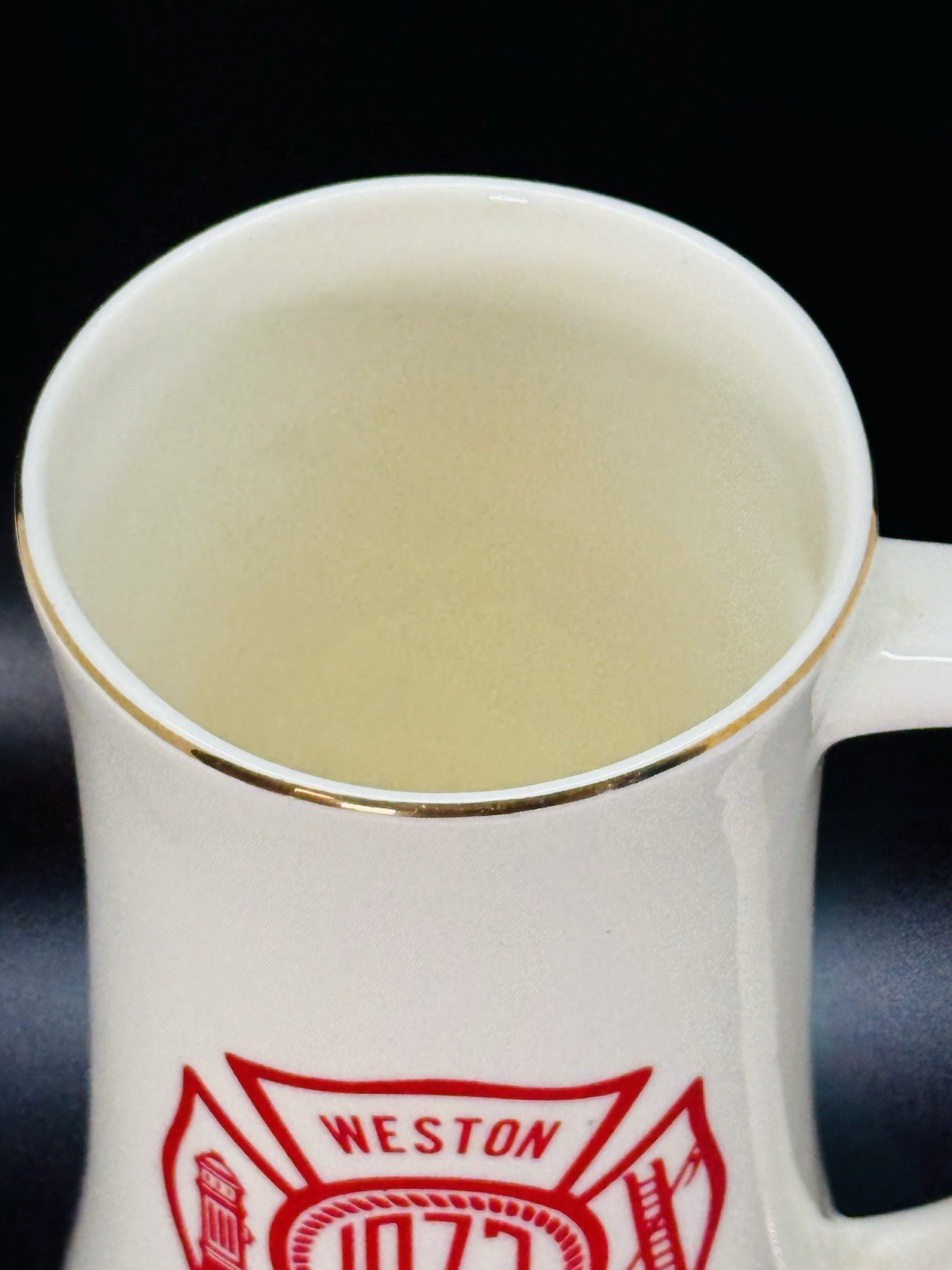 1972 Weston VFD Gold Trim Ceramic Tall Coffee Mug Cup Maltese Cross Firefighter