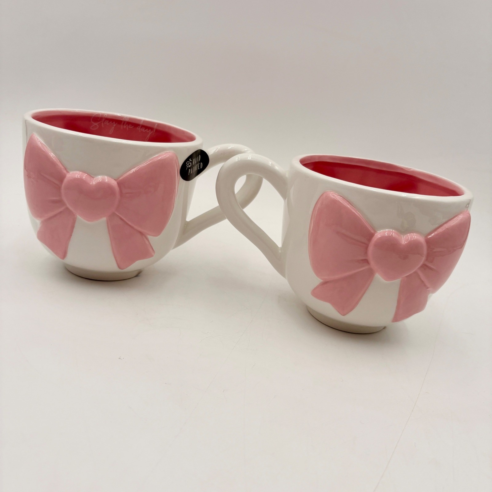 Slay The Day Pink Bow Heart Ceramic Coffee Mugs Set of 2 White Pink Hand Painted